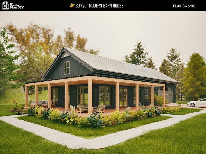 May include: A modern barn house design with a dark gray exterior, a light wood porch, and a gray roof. The house is surrounded by green grass and landscaping. The text "30'x70' MODERN BARN HOUSE" is visible at the top of the image.