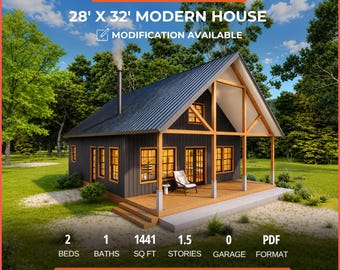 Modern cabin house plan 28x32 with loft, 2 bed 1 bath, digital download