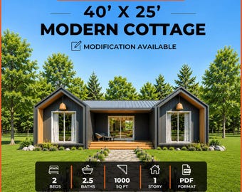 Modern Cabin House Plans, 40x25 Timber Frame Cottage (PDF & CAD File)