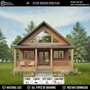 Cabin House DIY Plans 24&#39; x 28&#39;, Tiny House Plans,  Modern Cabin DIY, Tiny Cottage Plans, Small Cabin Plans, Tiny Cabin Plans, Cottage House