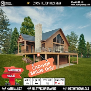 Hilltop Mountain House plattegrond garage voor 2 wagens| 35 x 35 inch volledige architecturale plattegrondenset |  Plattegrond van de bergen met gewelfde loft | Moderne boerderij DIY