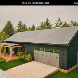 May include: A modern barn house design with a dark exterior, gray roof, and a covered porch. The house features a large garage door and a small door. The text "30'x70' MODERN BARN HOUSE" is visible.