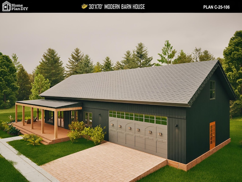May include: A modern barn house design with a dark exterior, gray roof, and a covered porch. The house features a large garage door and a small door. The text "30'x70' MODERN BARN HOUSE" is visible.