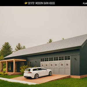 May include: A modern barn house design with a dark gray exterior and a white car parked in front of the garage. The house features a covered porch and a gabled roof. The text "30'x70' MODERN BARN HOUSE" is visible.