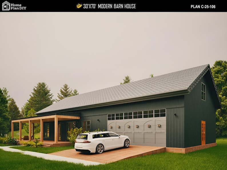 May include: A modern barn house design with a dark gray exterior and a white car parked in front of the garage. The house features a covered porch and a gabled roof. The text "30'x70' MODERN BARN HOUSE" is visible.