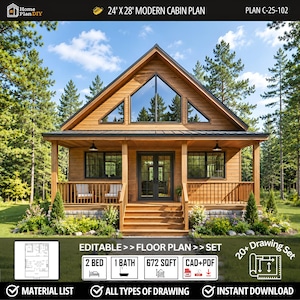 Modern Tiny Cabin DIY Plans: 24'x28' House Building Blueprint (Digital Download)