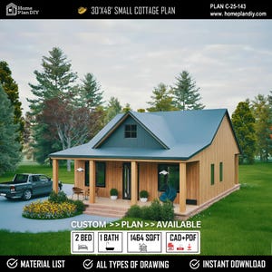 30 X 48 Cottage House DIY Plans,  Americas Best Cottage Floor Plans, Adirondack House Architectural Plans, Modern Custom Cabin Blueprint