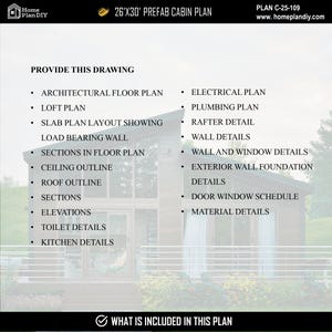May include: A 26'x30' prefab cabin plan document titled PLAN C-25-109. The text lists included drawings: architectural floor plan, loft plan, slab plan, sections, ceiling and roof outlines, elevations, toilet, kitchen, electrical, plumbing, and wall details.