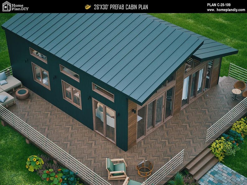 May include: A 26'x30' prefab cabin plan featuring a dark green exterior with a slanted metal roof, large glass sliding doors, and a spacious wooden deck with a herringbone pattern. The design includes multiple windows and a modern aesthetic.