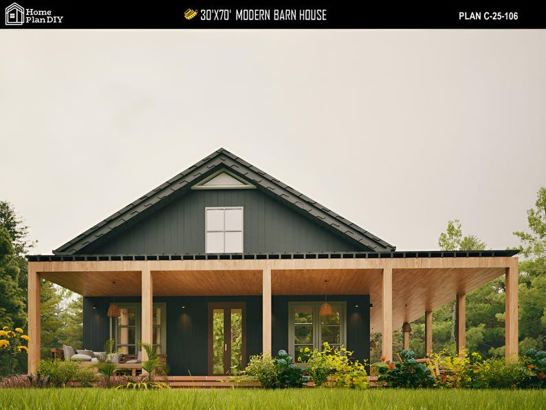 May include: A modern barn house design with a dark gray exterior, a black roof, and a wooden porch. The house has a gabled roof and a covered porch supported by wooden beams. The text "30'x70' MODERN BARN HOUSE" is at the top.