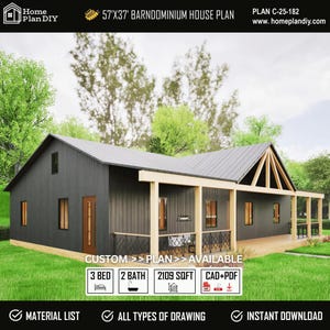 Modern Farmhouse Barndominium Plans 57x37 | 3 Bed, 2 Bath, Rustic Ranch (Digital Download)