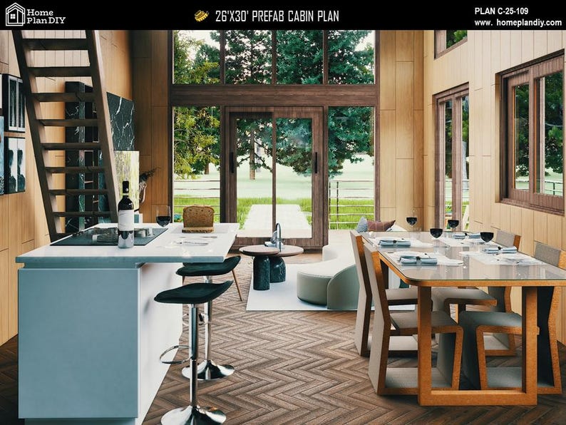May include: A 26'x30' prefab cabin plan interior featuring a kitchen island with black stools, a dining area with a glass-top table and wooden chairs, and a living space with a curved sofa. Large windows overlook a green outdoor area.