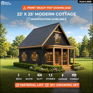 Modern Small Cabin House Plan with Loft: 22X25, Cottage House DIY Floor Plans, PDF