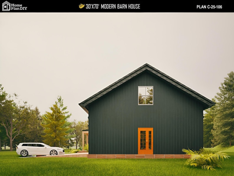 May include: A modern barn house plan with a dark green exterior, orange door, and a white car parked on the lawn. The house has a single window and a dark roof. The text "30'x70' MODERN BARN HOUSE" is visible.