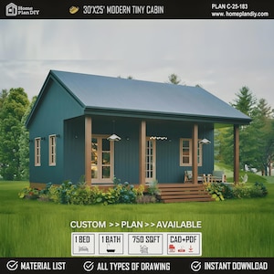 Modern Black Cabin House 750 Sq Ft | 1 Bed 1 Bath Small Cabin Floor Plans | DIY Small House Blueprint with Porch | Custom Tiny Home Design