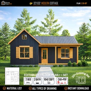 May include: A digital architectural rendering of a 32'x33' modern cottage with dark vertical siding, light wood trim, and a metal roof. The image includes a floor plan, text stating 2 BED, 2 BATH, 1040 SQFT, and labels for CAD+PDF files.