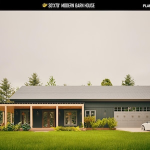 May include: A modern barn house design with a dark gray exterior, a light gray roof, and a wooden porch. The house has a garage and a white car parked in front. The text "30'X70' MODERN BARN HOUSE" is visible.