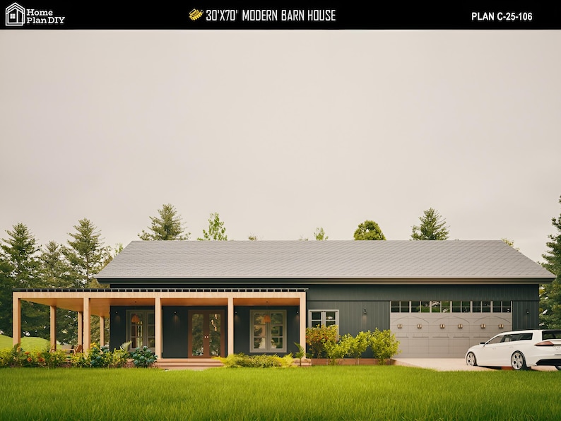 May include: A modern barn house design with a dark gray exterior, a light gray roof, and a wooden porch. The house has a garage and a white car parked in front. The text "30'X70' MODERN BARN HOUSE" is visible.