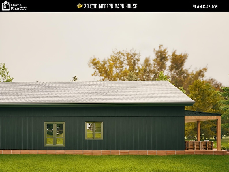 May include: An architectural rendering of a modern barn house. The building features a dark green exterior, a light gray roof, and two windows with green frames. The text "30'X70' MODERN BARN HOUSE" is visible at the top.