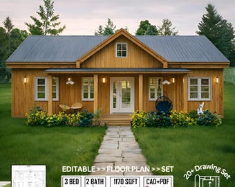 Modern Ranch Farmhouse Floor Plan: 3 Bed, 2 Bath (Digital Download, CAD Files Included)