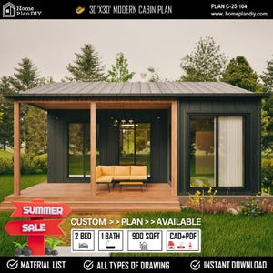Plattegrond modern huisje 30 x 30, prefab houtskeletbouw Tiny Cottage | 900 m² | 2 bedden | 1 bad |  Kleine doe-het-zelfwoning | Architecturale plattegronden