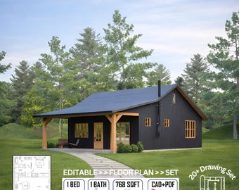 Modern Cabin Plans with Porch: 768 sqft, 1Bed, 1Bath, Custom Small House ( Pdf & CAD)