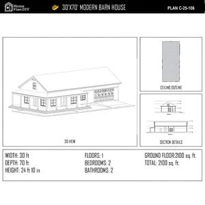 May include: A black and white architectural plan labeled "30'X70' MODERN BARN HOUSE" with a 3D view of the house. The plan includes dimensions: 30 ft width, 70 ft depth, and 24 ft 10 in height. It also shows floor details and section details.