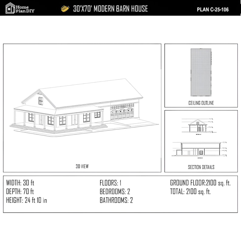 May include: A black and white architectural plan labeled "30'X70' MODERN BARN HOUSE" with a 3D view of the house. The plan includes dimensions: 30 ft width, 70 ft depth, and 24 ft 10 in height. It also shows floor details and section details.