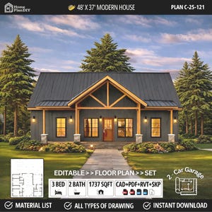Modern Farmhouse Cottage House Plan 48X37, 2-Car Garage, 3Bed 2Bath, Ranch House ( PDF & CAD)