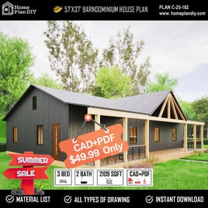 Moderne Barndominium-plattegronden: 57 x 37 m² | Plattegrond boerderij Barndominium | Modern rustiek boerderijhuis | 3 slaapkamers, 2 badkamers | Bouwkundige plattegronden zelf maken
