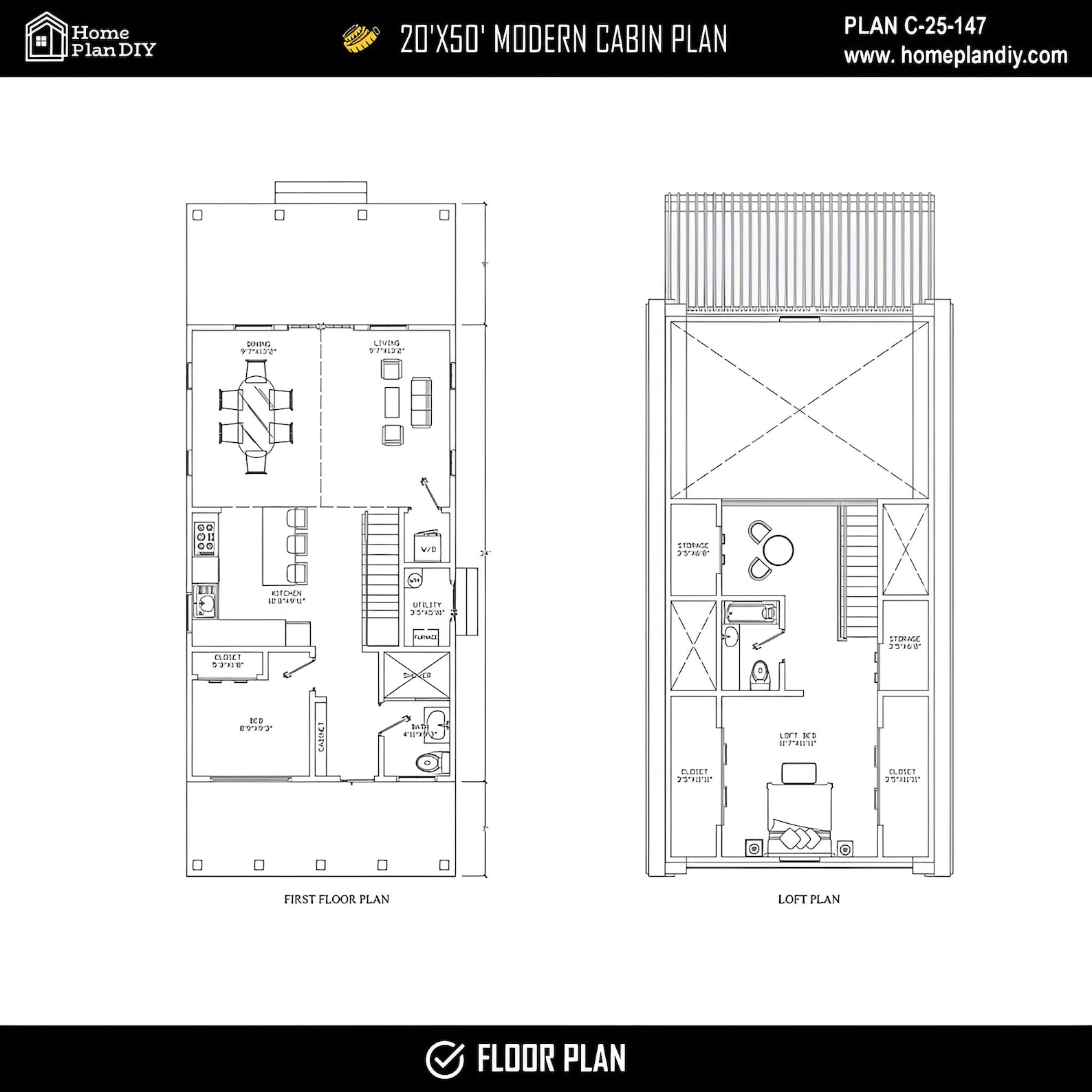 Modern Cabin House Plans With Loft: 2 Bed, 2 Bath Custom DIY Home Plan ...