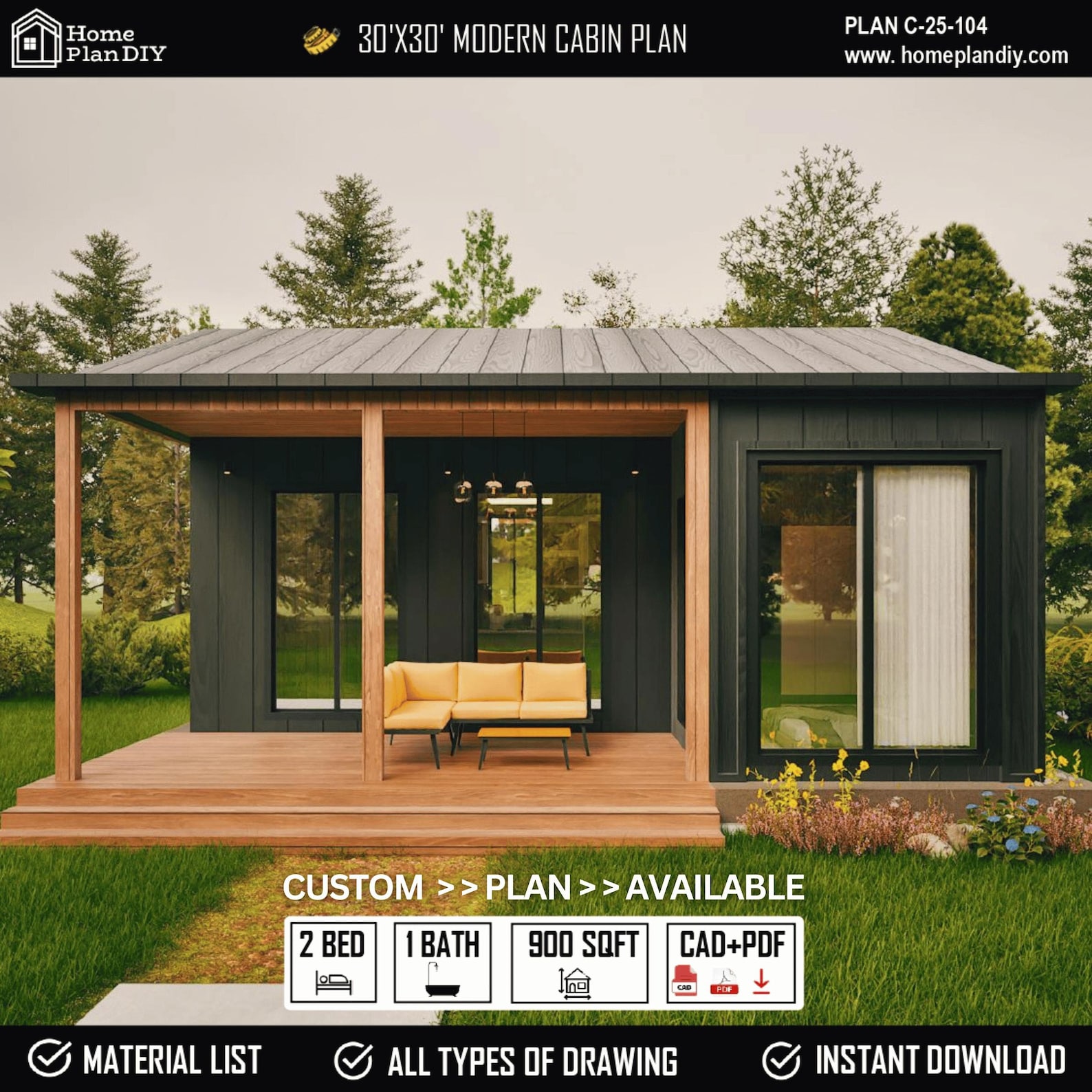 Modern Cabin House Plans | 30x30 Timber Frame Tiny Cottage (digital ...