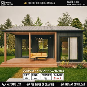 Plan de maison chalet moderne 30 x 30, petite maison préfabriquée à ossature bois | 900 pieds carrés | 2 chambres | 1 salle de bain |  Petite maison bricolage | Plans d'étage architecturaux
