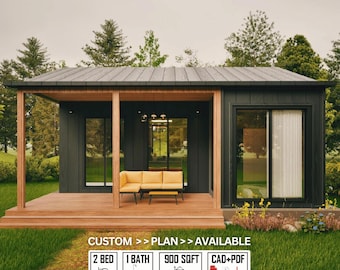 Progetto di casa prefabbricata moderna 30x30, piccolo cottage con struttura in legno / 900 piedi quadrati / 2 camere da letto / 1 bagno / piccola casa fai da te / Piante architettoniche