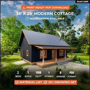 Könnte beinhalten: Eine digitale architektonische Darstellung eines 36' x 28' modernen Ferienhauses mit dunkler vertikaler Fassade, Metalldach und Holzveranda. Der Text enthält 'Print Ready PDF Download', '2 Beds', '1 Baths', '1008 Sq Ft' und 'Plan C-26111'.