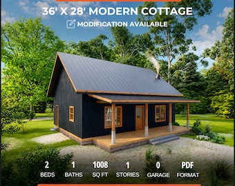 May include: A digital architectural rendering of a 36' x 28' modern cottage with dark vertical siding, a metal roof, and a wooden front porch. Text includes 'Print Ready PDF Download', '2 Beds', '1 Baths', '1008 Sq Ft', and 'Plan C-26111'.