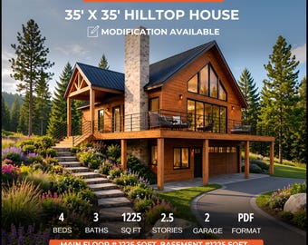 Hilltop Mountain House Plan with Garage, Modern Farmhouse with Vaulted Loft (Digital Download)
