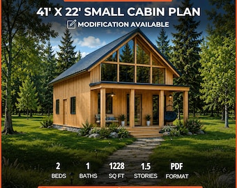 Modern Cabin House Plan 2 Bed 1 Bath with Loft, Small Cabin Instant Download