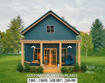 Modern Cabin House Plans with Loft: 2 Bed, 2 Bath Custom DIY Home Plan (Digital Download)