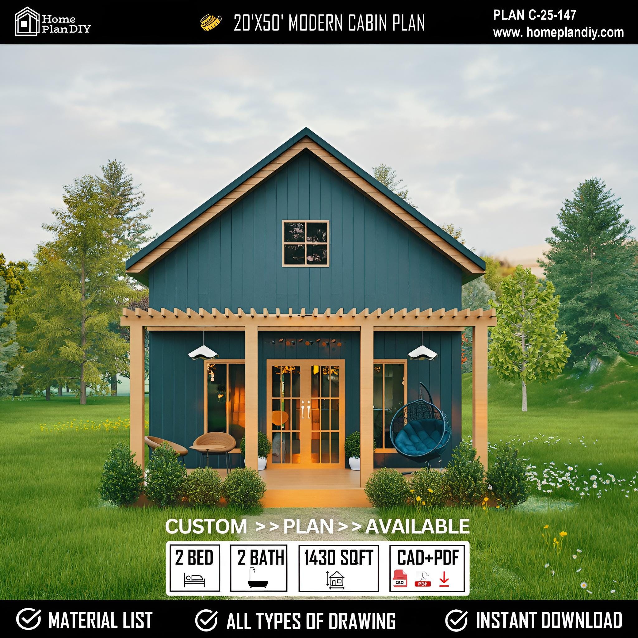 Modern Cabin House Plans With Loft: 2 Bed, 2 Bath Custom DIY Home Plan ...