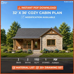 32x36 Cozy Cabin House Plans, Tiny Cottage Blueprint, Custom Floor Plans (Digital Download)