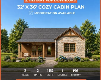 Planos de cabañas acogedoras de 32x36, planos de casas pequeñas, planos de planta personalizados (descarga digital)