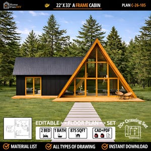 Plano de cabaña moderna con estructura en A y altillo: 2 dormitorios, 1 baño, 875 pies cuadrados, diseño de casa pequeña (PDF, CAD)