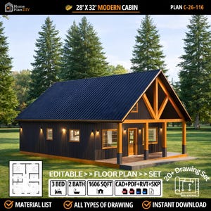 Könnte beinhalten: Ein moderner 28' x 32' Hüttenbauplan mit schwarzem Metalldach, dunkler vertikaler Fassadenverkleidung und Stützbalken aus Naturholz. Der Entwurf umfasst 3 Schlafzimmer, 2 Badezimmer und 1606 Quadratfuß Wohnfläche mit einer überdachten Veranda.