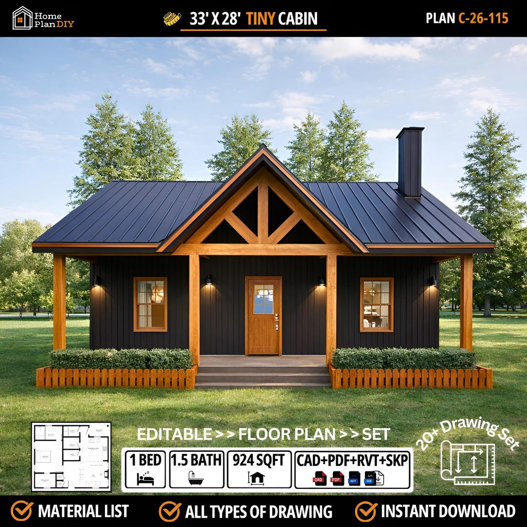 Modern Tiny Cabin House Plans 924 Sqft, 1 Bed 1.5 Bath (CAD & PDF) - Etsy