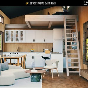 May include: A 26'x30' prefab cabin plan interior featuring a kitchen with white cabinets, a loft area accessed by a wooden ladder, a curved white sofa, a round coffee table, a dining set, and a wall-mounted television on a marble-patterned panel.