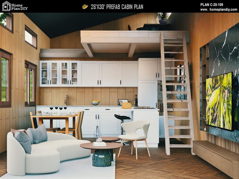 May include: A 26'x30' prefab cabin plan interior featuring a kitchen with white cabinets, a loft area accessed by a wooden ladder, a curved white sofa, a round coffee table, a dining set, and a wall-mounted television on a marble-patterned panel.