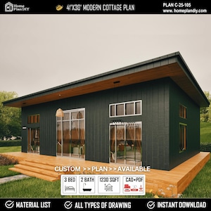 Modern Cottage House Plan Barndominium 41x30, Prefab Timber Frame Tiny Cottage | 1200 sqft | 3 Bed | 2 Bath | Architectural Floor Plans
