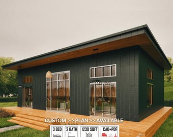 Progetto di una moderna casa di campagna Barndominium 41x30, piccolo cottage prefabbricato con struttura in legno / 1200 piedi quadrati / 3 camere da letto / 2 bagni / Planimetrie architettoniche