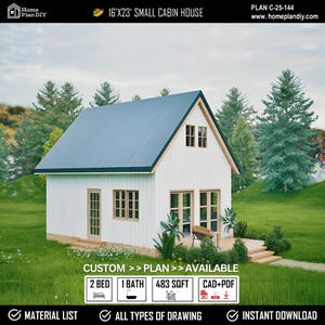 Modern Small Cabin House Plan 16X23, Cottage House DIY Floor Plans ( PDF & CAD)